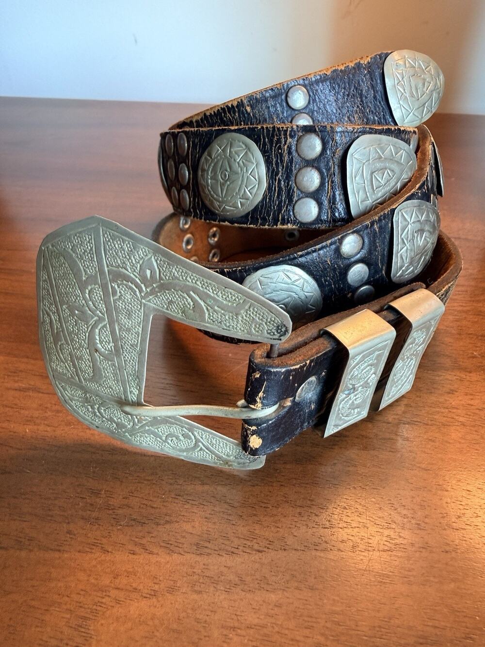 Vintage Western Belt Nickel Silver Concho Buckle Cowboy Mid Century Southwestern